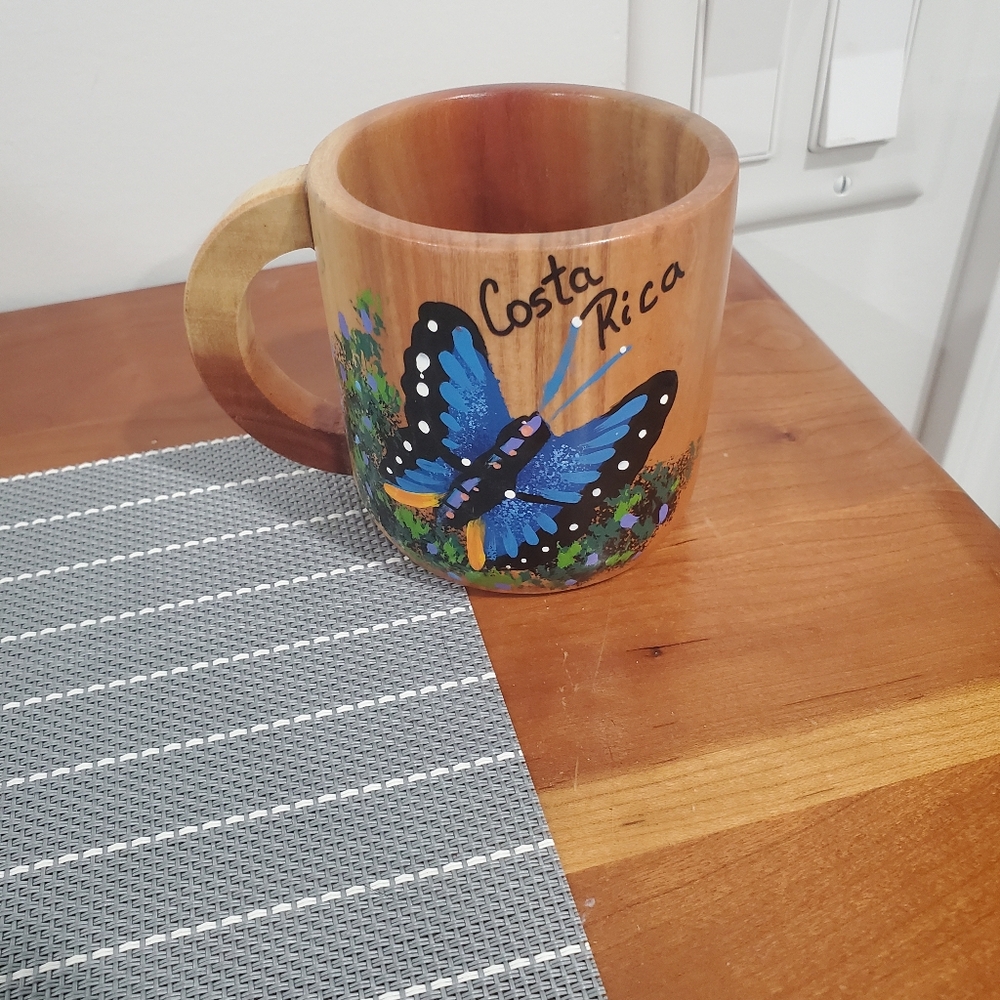 Handcrafted Costa Rica Butterfly Mug - Brown and Blue - Wooden Mug